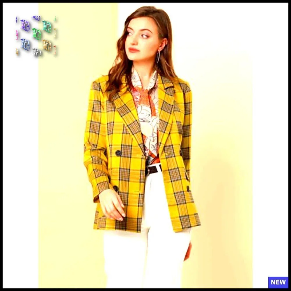 Notched Lapel Double Breasted Blazer Vintage Plaid Formal Work Office Chic